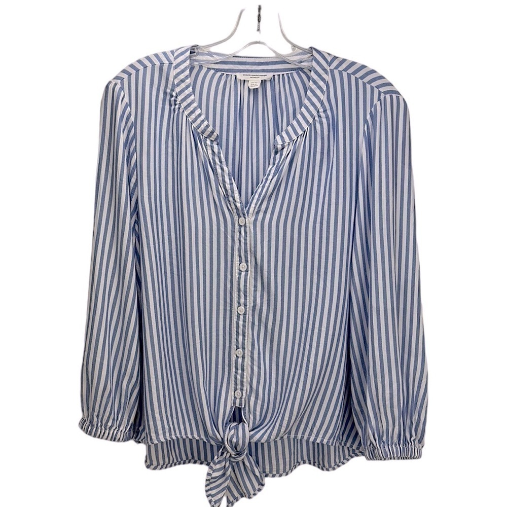 BeachLunchLounge Tanji White Blue Striped Tie Front Top‎ Medium Lyocell Blend
